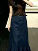 Saia Azul Escuro Feminina 2026 Verão Nova Babados Cintura Alta Emagrecedora Estilo Coreano Elegante Midi de Barra A