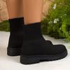 Botas de Cano Curto de Malha Respirável com Salto Grosso, Estilo Novo Outono e Inverno Europeu e Americano para Mulheres, Comércio Transfronteiriço, Tamanho Grande, Bico Redondo, Botas Meia Elásticas Desejo