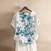 2026 Amazon Aliexpress Camiseta de Algodón y Lino Estampado de Flores Azules Teñidas con Tinta Estilo Retro Manga Corta Cuello Redondo Talla Grande para Mujer