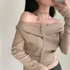 Enviado, tamanho atualizado: Chique coreano, nova coleção de outono, camiseta de manga longa ombro a ombro estilo retrô, roupas femininas