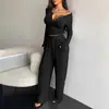 Conjunto de Otoño Nuevo Estilo Transfronterizo Europeo y Americano 2026 Conjunto de Dos Piezas para Mujer: Top Ajustado de Manga Larga con Botones Color Sólido y Pantalones Largos