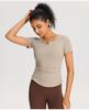 Camiseta deportiva de copa fija para mujer, ajustada, adelgazante, con cuello en V, para yoga, secado rápido, transpirable, para correr, fitness, manga corta