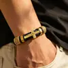 Pulsera magnética tejida a mano con cruz de acero inoxidable retro de moda europea y americana, un accesorio de cuero ligero y minimalista para hombre