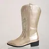 Botas Vaqueras de Metal con Brillo Estilo Europeo para Mujer, Botas de Caballero de Media Pantorrilla, Bordado, Tacón Bajo Grueso, Botas Largas Retro Adelgazantes