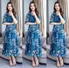 Vestido Longo Floral Feminino de Verão Acima do Joelho Vestido Estampado Feminino Vestido de Manga Curta com Decote V de Comprimento Médio Vestido de Manga Flare Linha A