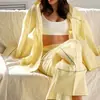 Conjunto de Camisa Listrada para Mulheres, Moda Europeia e Americana, Novo Conjunto de Duas Peças com Cardigã de Manga Longa Estampado e Gola Lapela, Calça Longa Casual