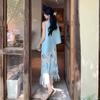 Atuendo Estilo Resort: Conjunto de Chaleco Azul y Falda con Borlas Florales, Top de Verano sin Mangas para Mujer, Conjunto de Dos Piezas Reductor de Edad