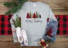Feliz Natal T-shirt com Estampa de Leopardo Xadrez Árvore de Natal Gola Redonda Manga Longa Feminina Manga Curta