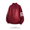 Malha Masculina Outono Listrada Cinza com Meio Zíper e Gola Alta Estilo Retro Americano Preguiçoso Caimento Limpo Outerwear