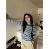 Camiseta Básica Estilo Coreano Simples Preguiçoso Gola Redonda Outono e Inverno Novo Design Listrado Contrastante Top Slim Retrô para Mulheres