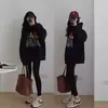 Moletom preto com capuz oversized estilo americano para mulheres, nova coleção outono/inverno 2026, corte solto e relaxado, forrado com fleece, marca tendência