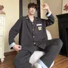 Pijama de imitación de algodón para hombre, conjunto de primavera y otoño de manga larga y pantalón largo, estampado de rayas verdes con bordado de dibujos animados, cárdigan con cuello de solapa, ropa de casa para hombre