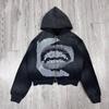 Moletom com Capuz Zíper Manga Longa Solto Outono e Inverno Estilo Rua Gótico Sombrio Criativo Estampa Boca Grande Hip-Hop Rock