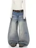 Jeans de retazos a rayas desgastados estilo retro americano con orejas de gato, diseño unisex, pantalones holgados de pierna ancha