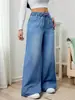 Jeans de Mujer de Pierna Ancha de Tiro Alto, Corte Holgado, Estilo Europeo y Americano, con Cintura Elástica, Casual y Versátil, Transfronterizos