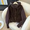 Jaqueta Feminina Outono Inverno Curta Solta com Capuz, Manga Tricô Patchwork, Enchimento de Algodão, Zíper, Espessada, Pelo Sintético