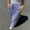 Calça de Verão Nova Europeia e Americana Listrada de Perna Larga para Mulheres 2026, Cintura Alta com Cordão, Solta, Casual, com Bolsos