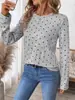 Moda Casual Cruzada Primavera e Outono 2025 Amazon Aliexpress Gola Redonda Estampado Manga Longa Blusa Feminina Estilo Casual Japonês e Coreano