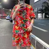 Pijama Tecido de Flores Grandes Nordeste Manga Curta Shorts Camiseta Roupas Étnicas Engraçado Estilo Nacional da Moda Multicolor Homens Mulheres Estilo de Rua Goofy