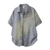 Camisa Xadrez Color Block de Verão para Homens, Estilo Americano Preguiçoso Cleanfit Manga Curta Marca Tendência Casual Jaqueta Fina
