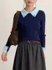 [Oufan] Hermoso Suéter de Punto Azul Marino con Cuello Polo de Manga Larga Ropa de Trabajo Sencilla para Mujer Top 11026