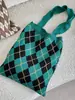 910301 Bolso de Mano Tejido de Diamantes Vintage, Bolso de Hombro de Lana a Cuadros en Contraste de Color, Bolso de Mano Artístico de Gran Capacidad