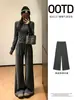 Conjunto casual listrado cinza para mulheres, novo estilo outono 2026, corte slim, jaqueta com gola alta, calça de perna reta, conjunto de estilo descontraído