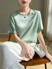 Suéter de Manga Corta con Cuello Redondo para Mujer de Verano, Camiseta de Satén de Media Manga, Top Elegante Holgado Adelgazante
