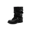 Botas de tacón grueso de cuero genuino adelgazantes apiladas 2026 comercio exterior botas cortas para mujer puntera redonda caña ancha con hebilla de cinturón estilo británico Botas Martin