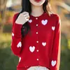 Cárdigan de Punto de Lana Peinada Retro Cuello Redondo 2026 Nuevo Estilo Primavera y Verano Combinación de Colores Corazón Top Holgado Chaqueta para Mujer