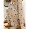 Nuevo conjunto de pijama de dos piezas para mujer estilo coreano de primavera y otoño, rayas blancas y negras vintage, cárdigan con cuello, manga larga, pantalón largo, conjunto casual para casa