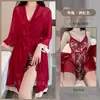 Sensual y sexy, de lujo ligero, con estampados florales y copas incorporadas, puro y dulce, conjunto de camisón de malla transparente de terciopelo con bata y camisola seductora