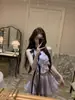 Yiyiwangg Top Meio Vestido Sem Mangas Cor Contrastante Roxo Satim Uva Laço Franzido