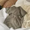 2025 Estilo Mori Nuevo Producto Niños y Niñas Coreanos Camiseta de Manga Corta Waffle Ropa de Casa para Bebé Ropa Exterior Versátil Conjunto Casual