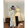 Pijama lindo con estampado de gato de dibujos animados para mujer, colección de otoño, talla grande, pantalones de manga larga, cuello de solapa, conjunto de loungewear, se puede usar como ropa exterior