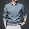 Camisa Masculina Poliamida Sem Costura Qualidade Gola Lapela Primavera Novo Estilo Business Casual Fluida Stretch Cor Sólida para Homem