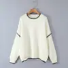 Suéter Tejido de Contraste Blanco y Negro con Borde, Cuello Redondo, Simple, Versátil, Holgado, Estilo Perezoso, Nuevo Otoño 2025, Europeo y Americano Transfronterizo