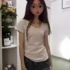Uma geração de flor branca cinza de cabelo gola U clavícula camiseta feminina verão retrô americano simples básico ombro manga curta top