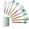 Set de Cocina de Silicona con Mango de Madera Verde Claro de 11 Piezas Espátula Antiadherente para Cocinar Herramienta de Cocina Espátula y Juego de Cucharas