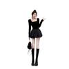 Vestido Negro Sexy Adelgazante con Escote Cuadrado Francés, Espalda de Malla y Falda Fruncida para Mujer, Vestido Corto de Manga Larga