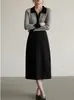 Ss Studio Jersey de Punto de Lana Gris Contrastante para Mujer Otoño e Invierno Manga Larga Camisa Base Top