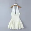Vestido Sexy de Chica Caliente Estilo Francés con Lazo de Color Contrastante y Lunares, Elegante Vestido Halter que Ceñe la Cintura, Vestido Corto Ajustado sin Espalda