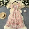 Vestido de gasa con estampado floral francés, elegante, estilo vintage, con corte de té, cintura alta, un hombro, mangas abullonadas y malla.