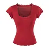 Camiseta de Encaje Dulce y Picante con Cuello en U de Manga Corta para Mujer, Nuevo Top Negro Ajustado Verano 2026