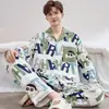 Pijama para hombre de manga larga, estilo primavera y otoño, cárdigan con cuello de solapa, diseño casual de dibujos animados, conjunto de dos piezas para casa para adolescentes y niños