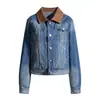 Roupa Feminina de Seda Laranja # Retro Americano Desgastado Lavado Costura em Contraste Gola Reversível Jaqueta Jeans Jaqueta Casual Feminina Top