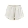 2630-26 Estilo Verano Estilo Coreano Blanco Crudo Satín Fruncido Cintura Elástica Casual Pantalones Cortos de Mujer Pantalones Cortos Casuales para Casa