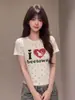 Camisa de Manga Corta con Estampado Integral de Lunares y Letras Estilo Retro Americano Ajustada para Mujer, Top de Verano Ajustado Adelgazante con Hombros Normales para Mujer, Moderno