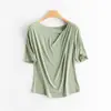 Camiseta de punto de seda de morera para mujer, color liso simple francés, cuello oscilante, holgada, adelgazante, para commuting, 24 primavera y verano, fina, manga corta