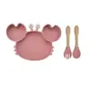 Conjunto de Alimentação de Silicone para Bebê com 4 Peças, Prato com Ventosa de Caranguejo, Babador, Colher e Garfo de Madeira, Autoalimentação para Crianças Pequenas